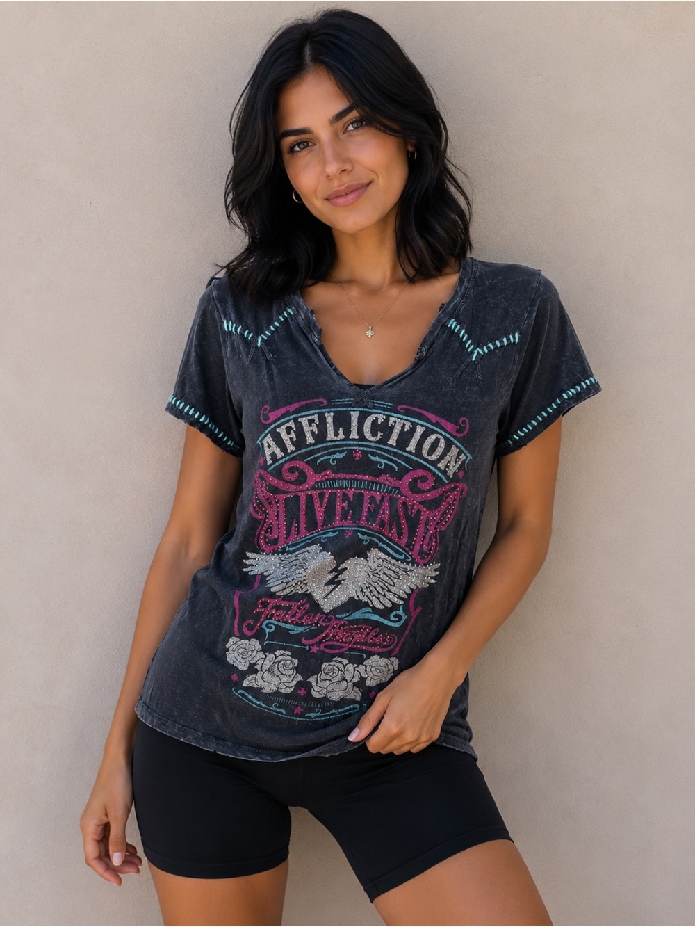 Affliction Black Washed Graphic V-Neck Tee with Pink & Teal Accents